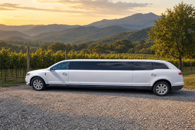 Lincoln MKT 120-inch white stretch limousine parked beside vineyard rows in the Blue Ridge, seats up to 7 guests